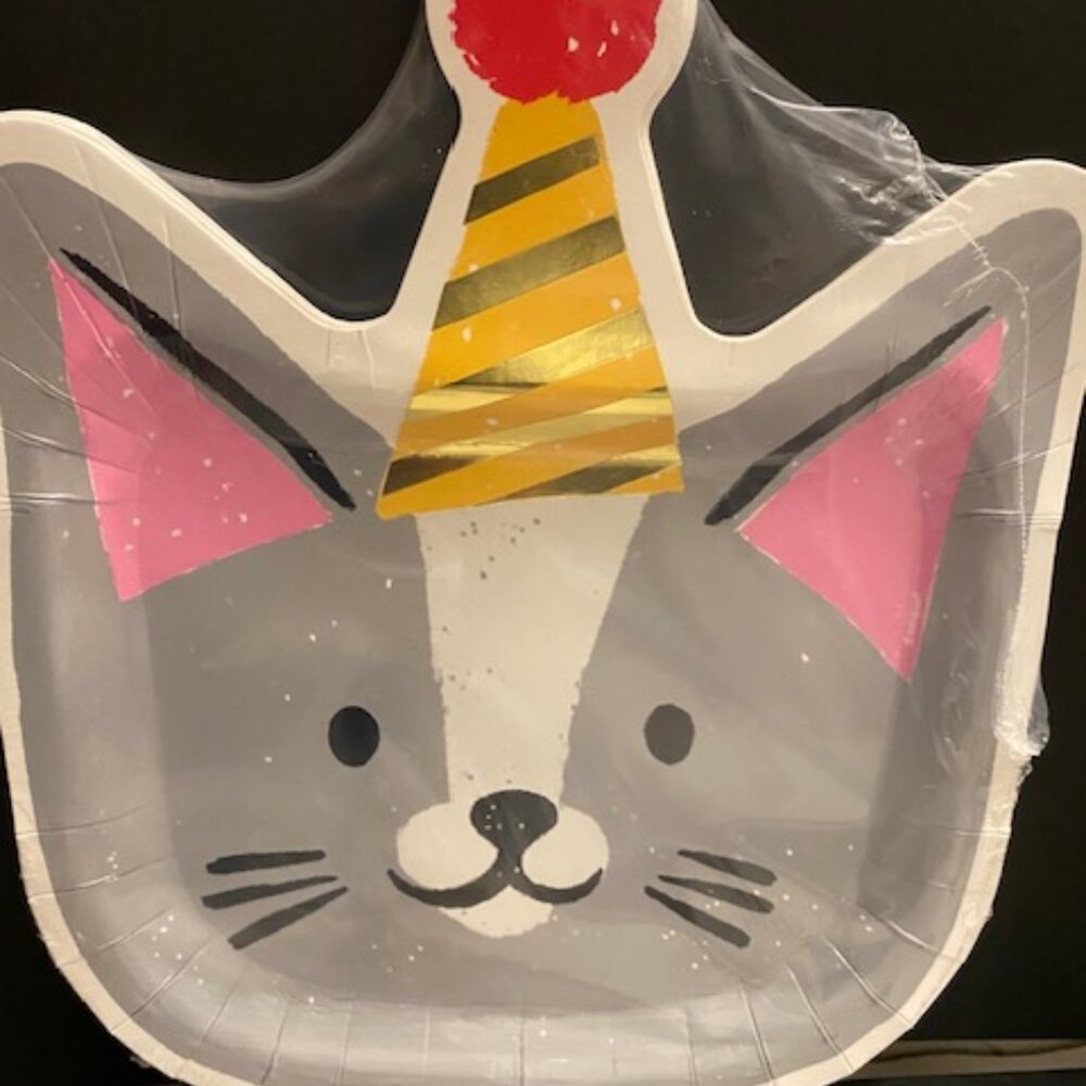 Unique: 8ct Cat Head Shaped Plates  * PAWTY TIME BIRTHDAY *FOR ANIMAL'S ONLY*